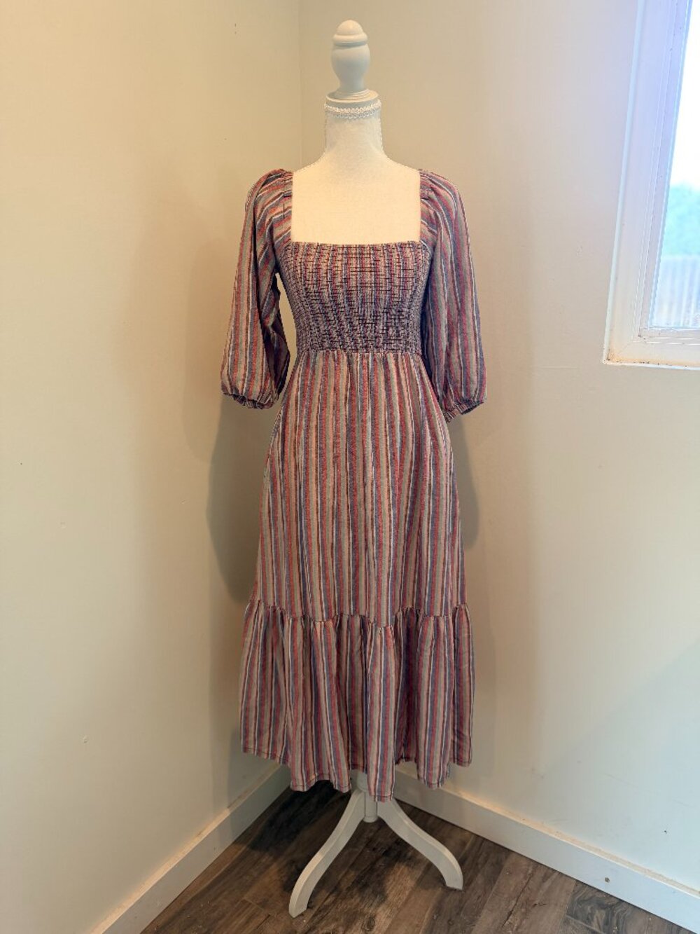 Marine Layer Ivy Smocked Midi Dress - Striped Square Neck - Size XS
